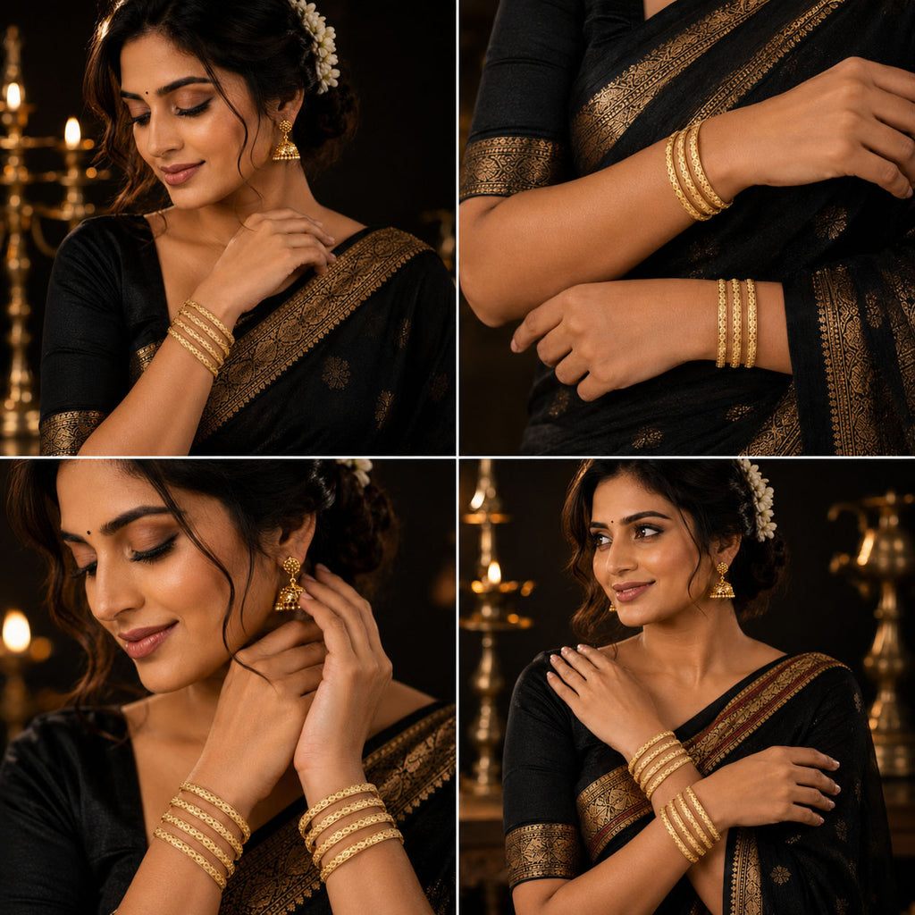 A four-panel collage showing a woman wearing a black saree with a gold border, styled with multiple gold bangles and earrings against a warm, candle-lit background.