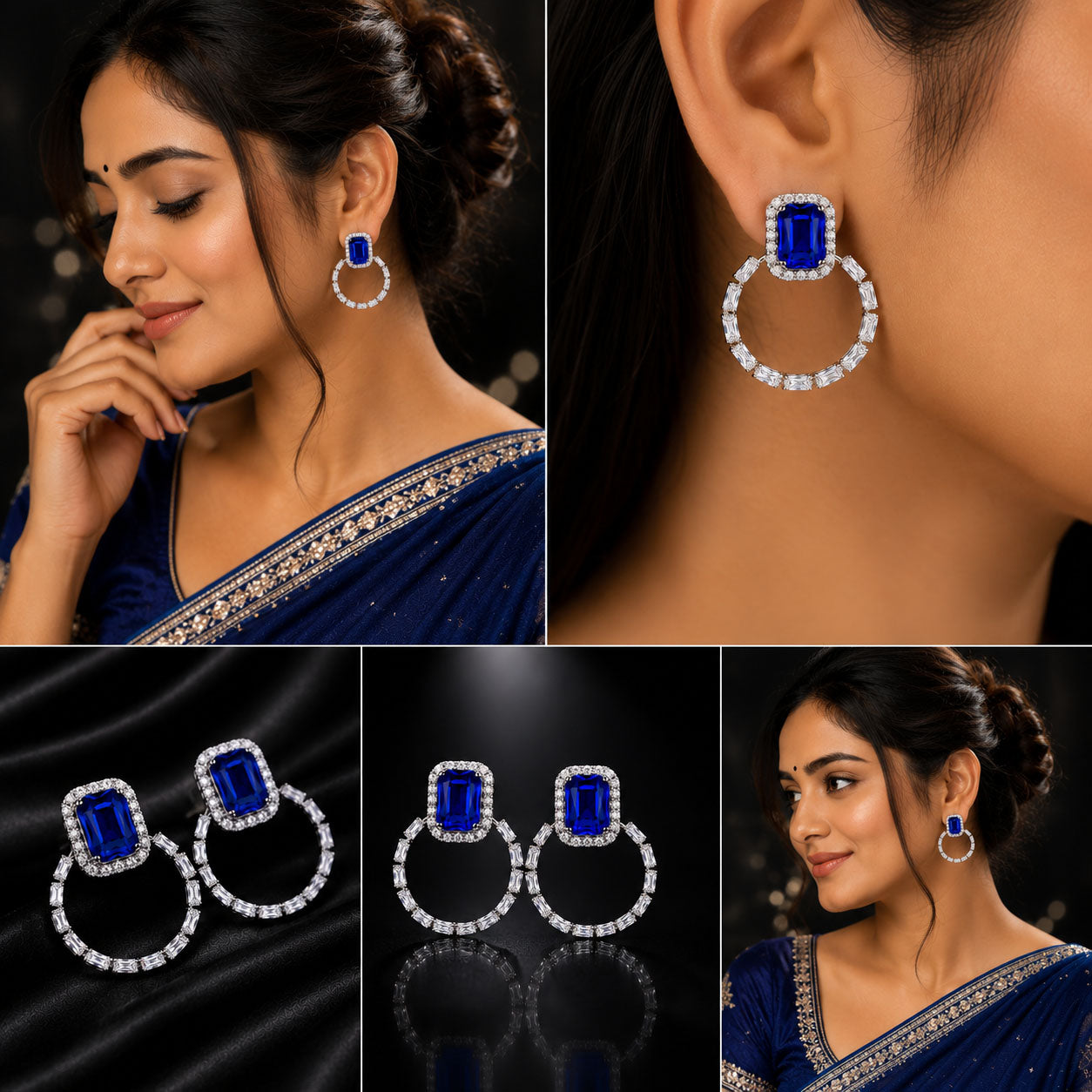 A collage showing a woman wearing a pair of large hoop earrings with rectangular blue stones and clear stones around the hoops, alongside close-up views of the earrings on a black background.