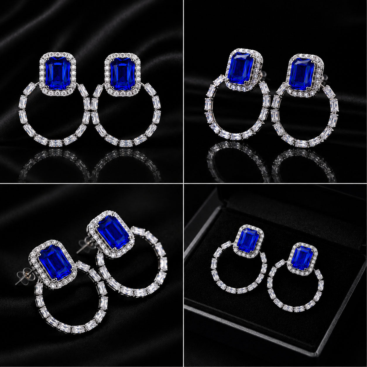 Four-panel product collage showing a pair of hoop earrings with rectangular blue gemstones and clear stone-set hoops, displayed on black fabric and a black jewelry box.