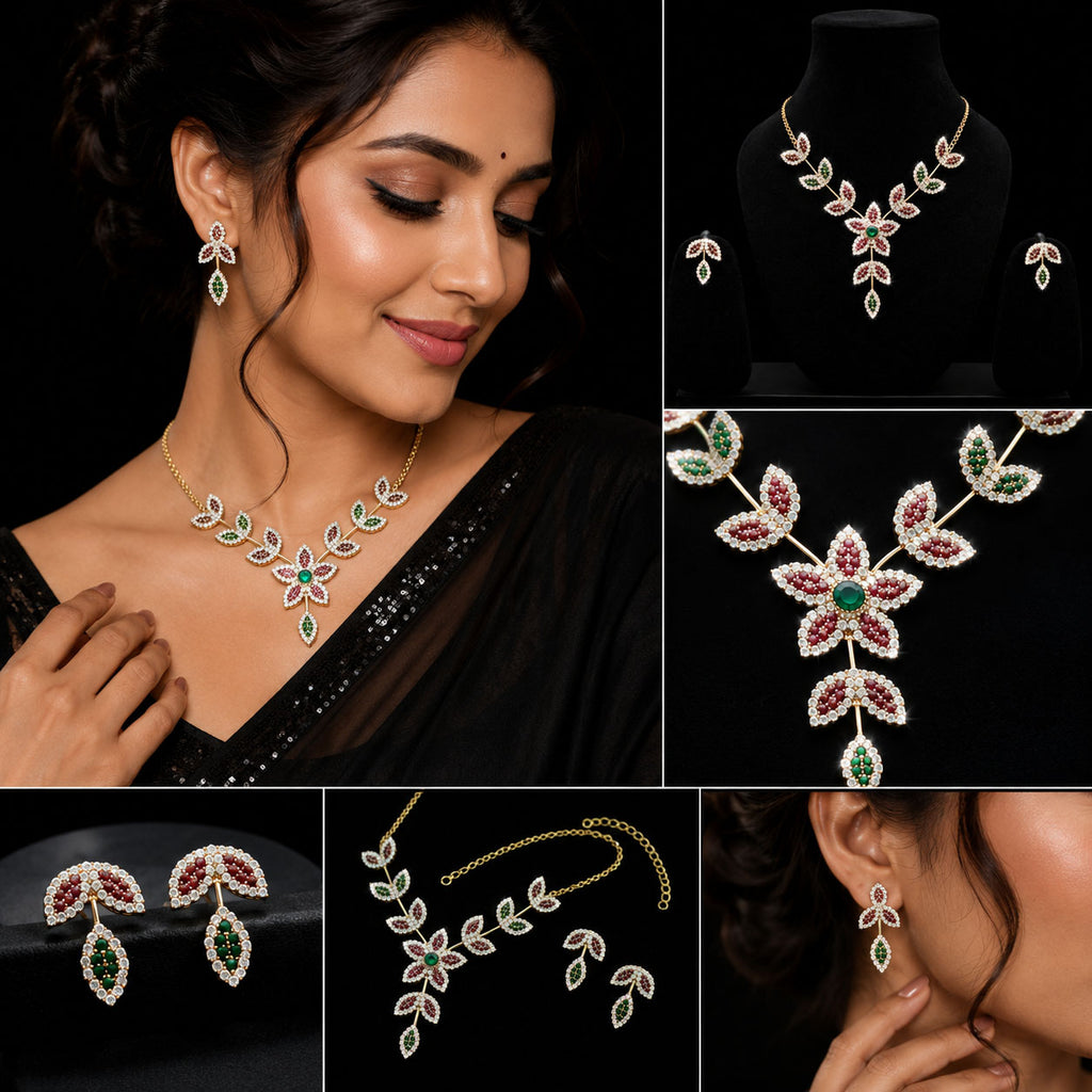 A collage showing a gold-toned jewelry set worn by a woman, including a necklace, matching earrings, and close-up views of the floral leaf design with pink, green, and white stones on a black background.