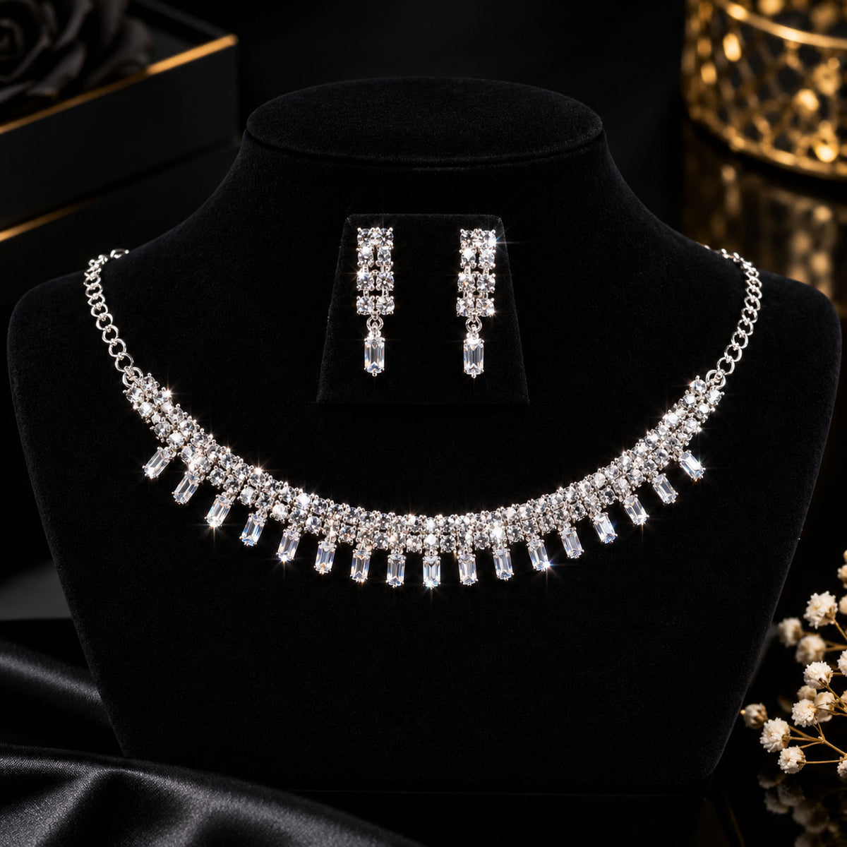 A silver-tone crystal necklace and matching drop earrings displayed on a black velvet jewelry bust. The necklace features a curved row of clear faceted crystals hanging from a silver chain, with the matching earrings shown on a small black card above it.