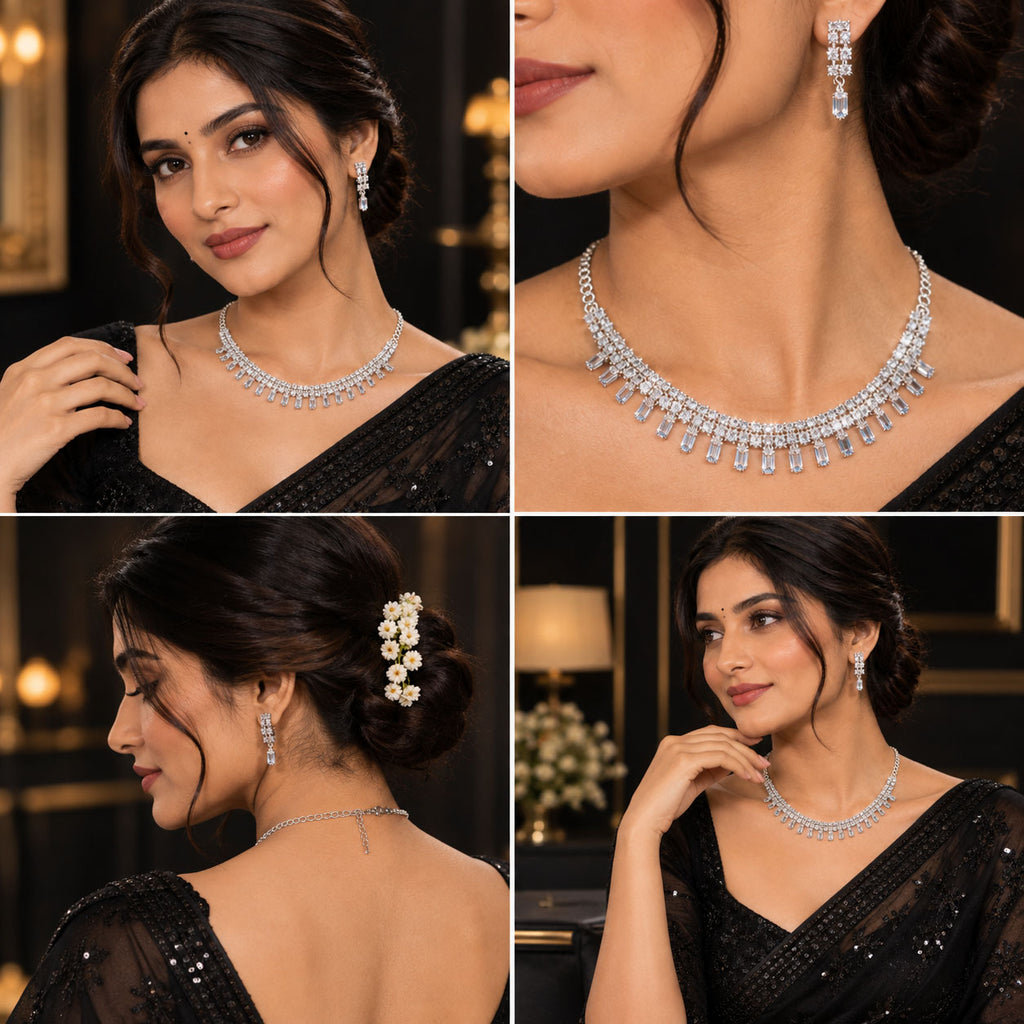 A four-panel collage showing a woman modeling a silver-toned diamond necklace, matching drop earrings, and a floral hair accessory in a dark elegant indoor setting.