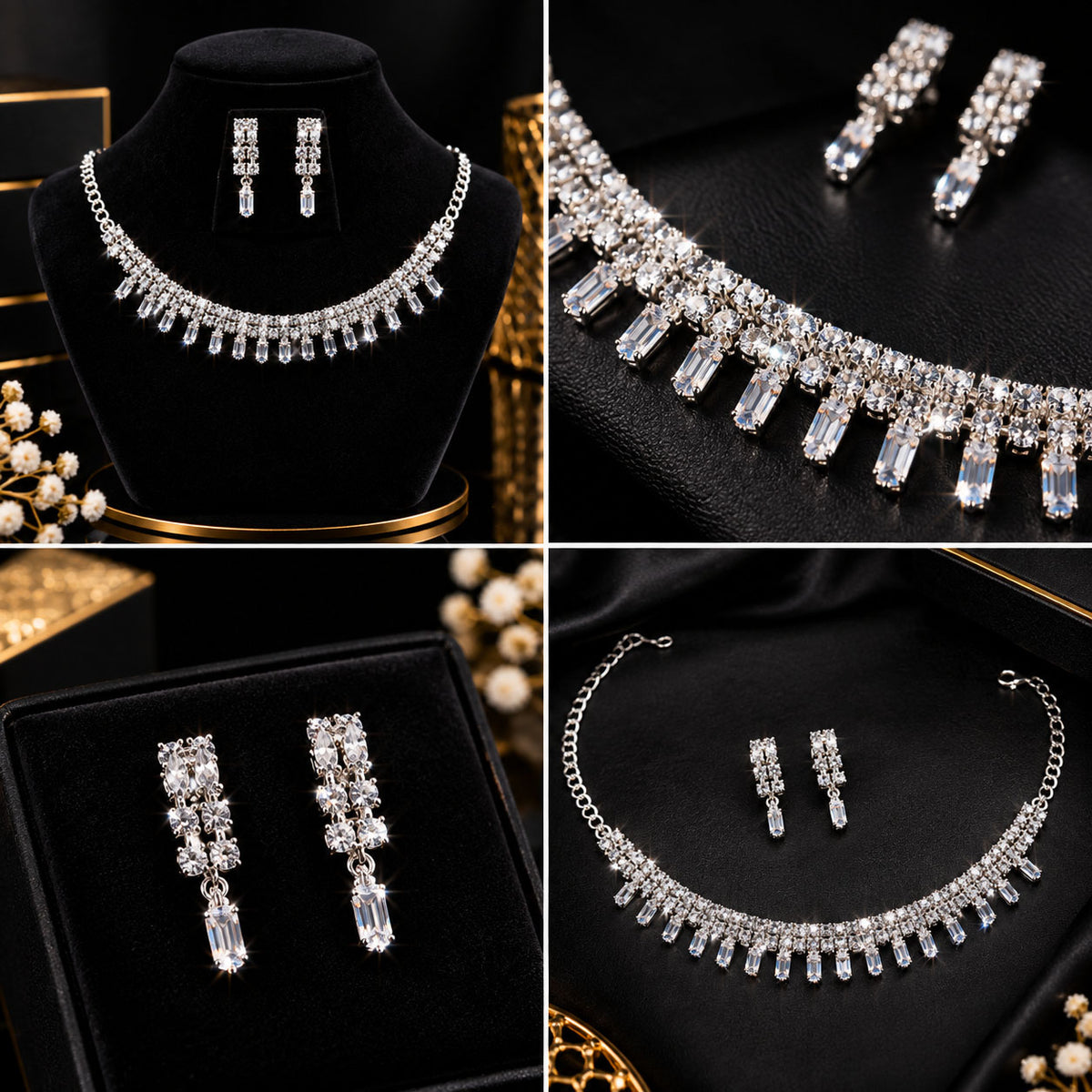 A four-panel collage showing a sparkling silver-tone jewelry set on black velvet: a necklace with matching drop earrings on a bust, a close-up of the necklace and earrings, a pair of matching drop earrings in a box, and the necklace and earrings laid out separately.