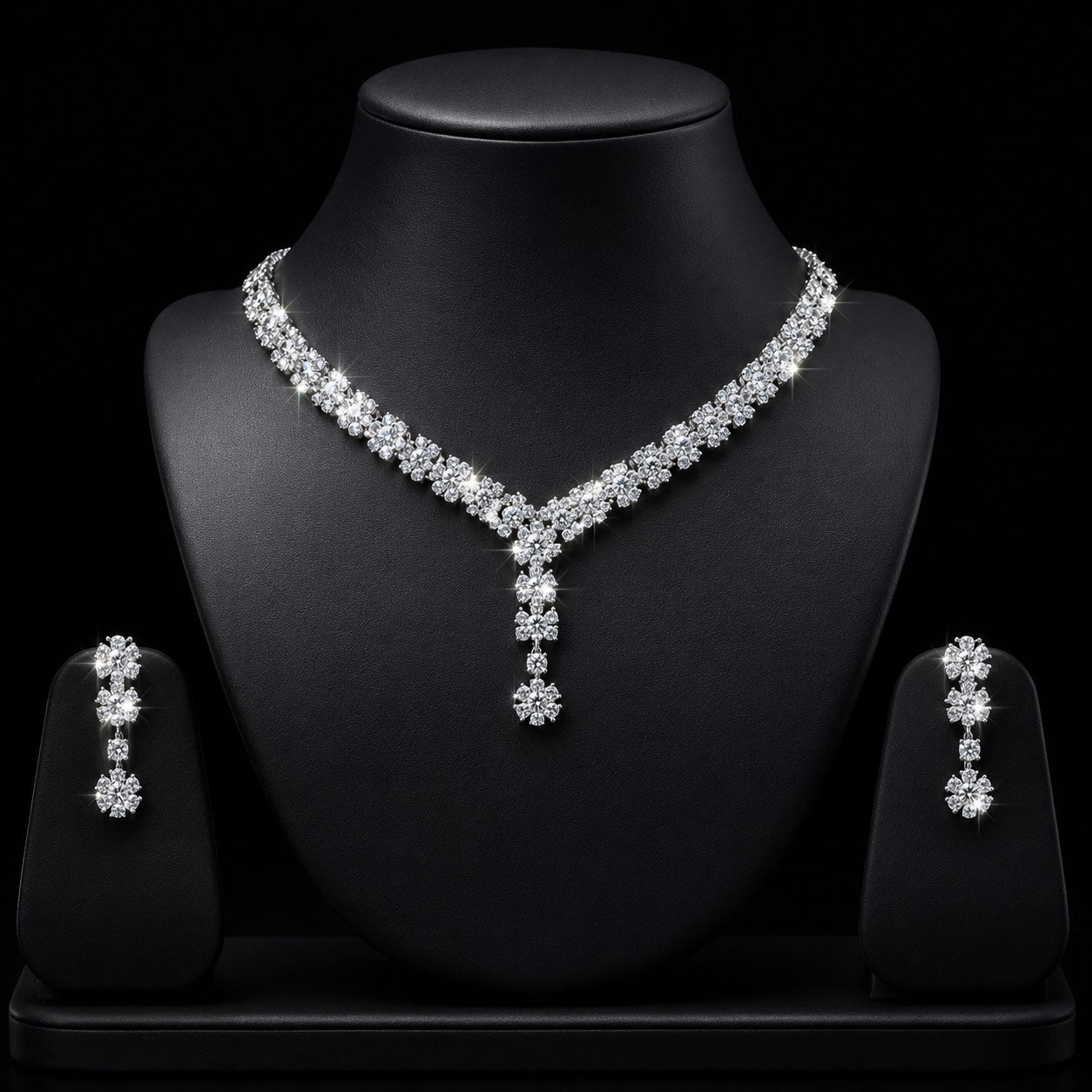 A sparkling silver-tone jewelry set displayed on a black mannequin bust, featuring a V-necklace with a matching drop pendant and two matching drop earrings on small display stands against a black background.