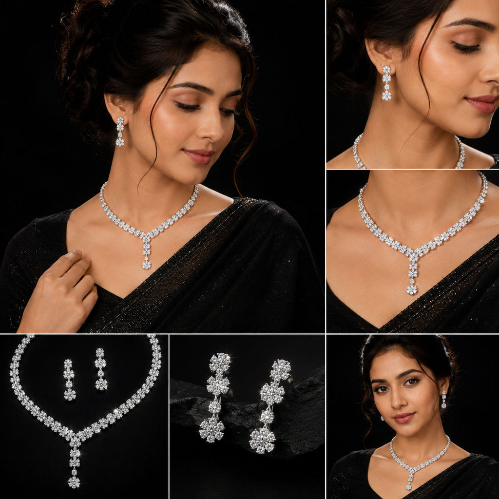 A collage showing a woman modeling a sparkling silver-toned jewelry set with a necklace, matching earrings, and a close-up of the jewelry alone on a black background. The jewelry appears to be clear gemstones or rhinestones set in silver-toned metal.