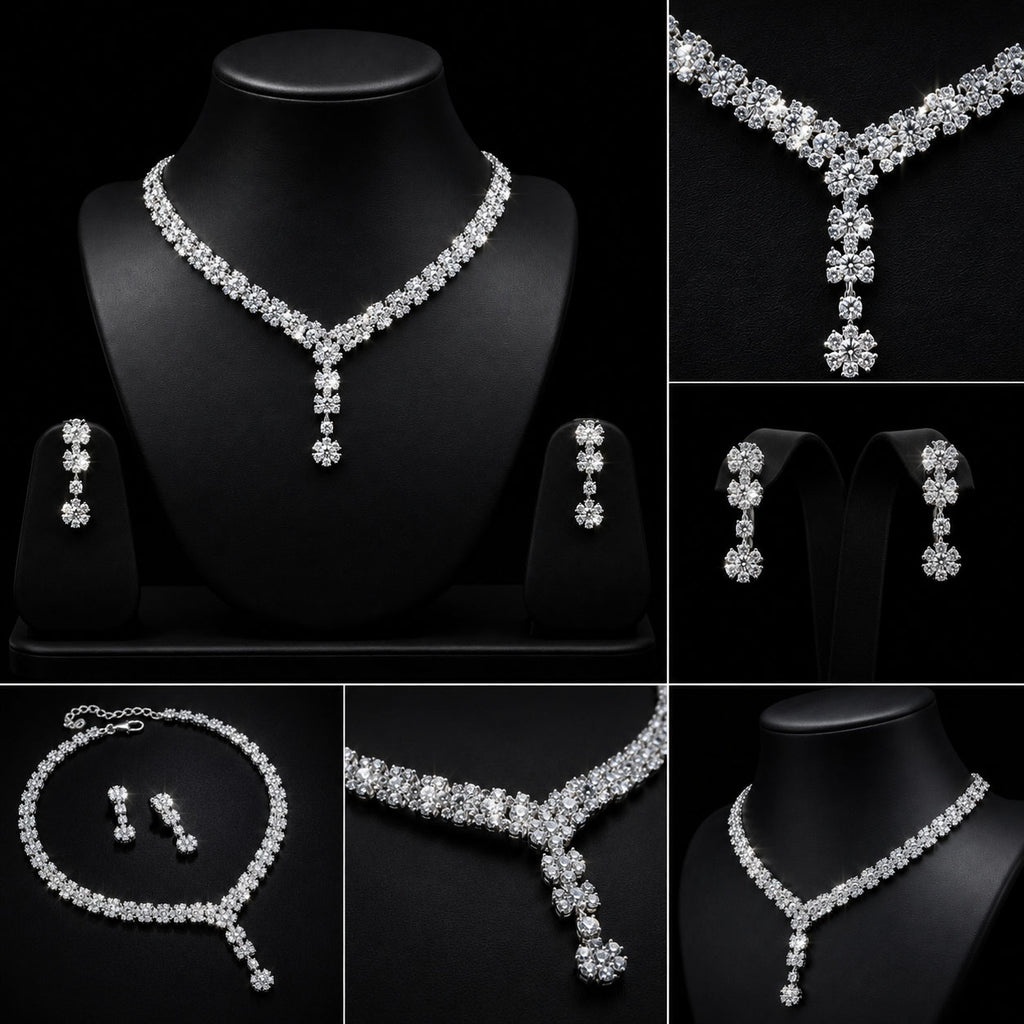 A silver-tone crystal jewelry set displayed across multiple views, including a necklace on a black mannequin bust, matching drop earrings, a bracelet, and close-up detail shots of the necklace and earrings against a black background.