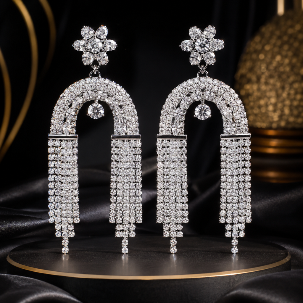 Luxury Silver-Plated Crystal Tassel Drop Earrings