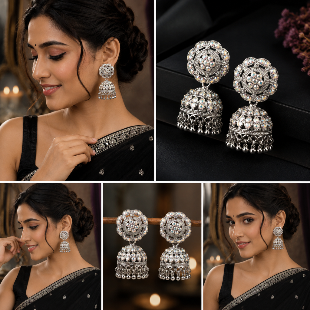 A collage showing silver-toned jhumka earrings worn by a woman in a black saree, alongside close-up product shots of the earrings on a dark background. The earrings have intricate floral mandarin designs with dangling bell-shaped charms.