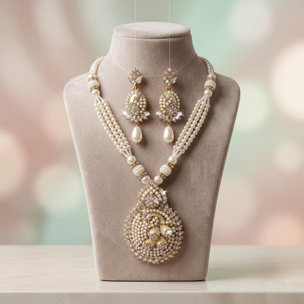 Elegant Pearl and Kundan Style Pendant Necklace Set