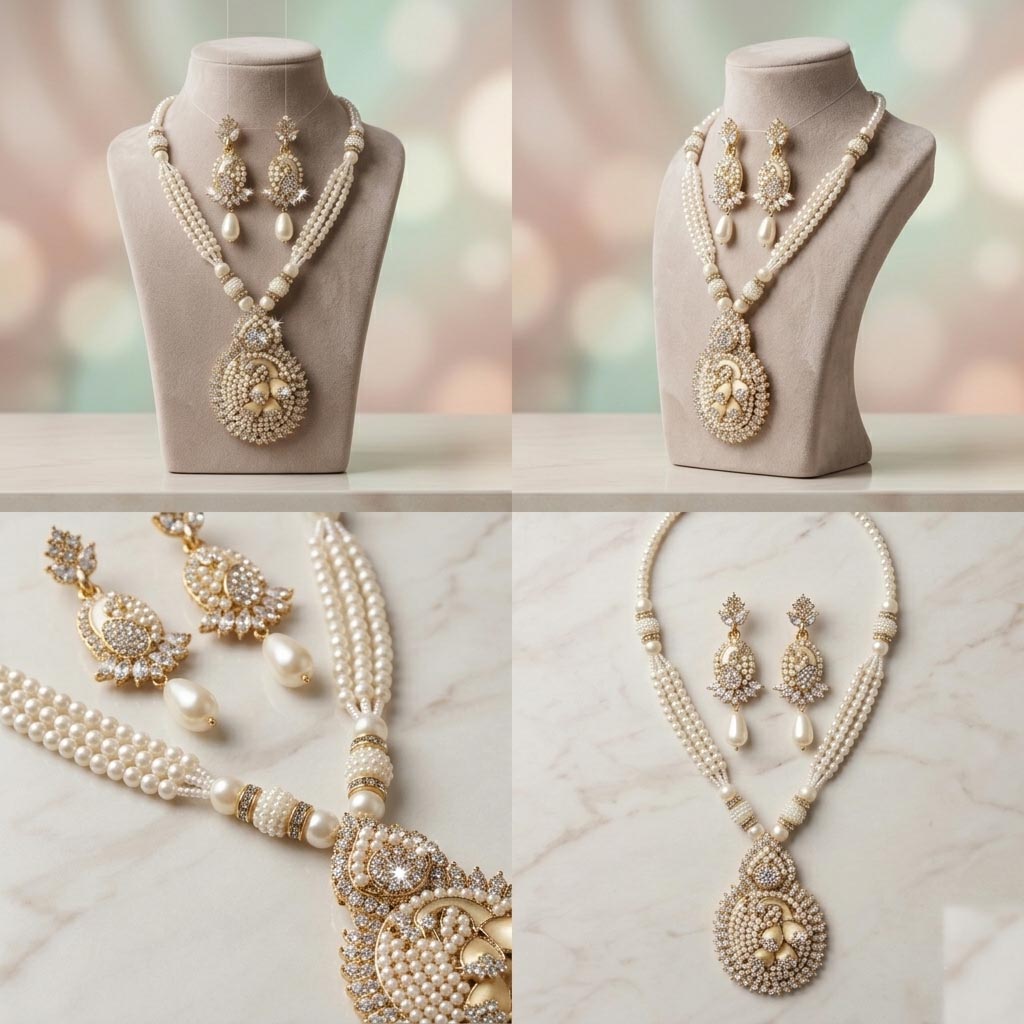 Elegant Pearl and Kundan Style Pendant Necklace Set