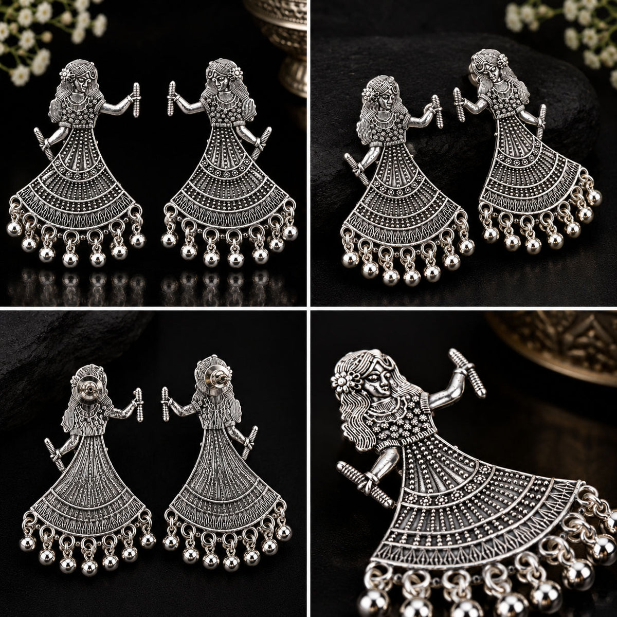 Four-panel close-up collage of silver-toned jhumka-style earrings shaped like dancing figures with detailed filigree and dangling bead chains, shown on a dark background.