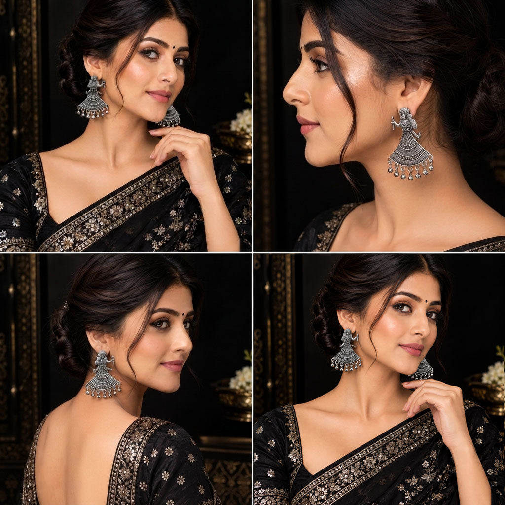 A four-panel collage showing a woman modeling ornate silver-toned fajar-style earrings against a dark indoor background. She is wearing a black saree with gold embroidery.