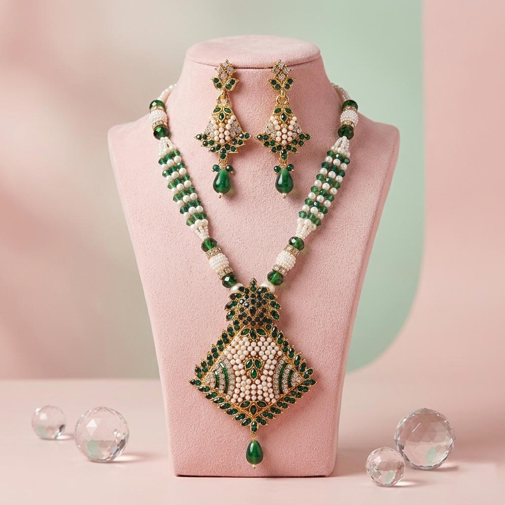 Exquisite Pearl and Emerald Tone Kundan-Style Necklace Set