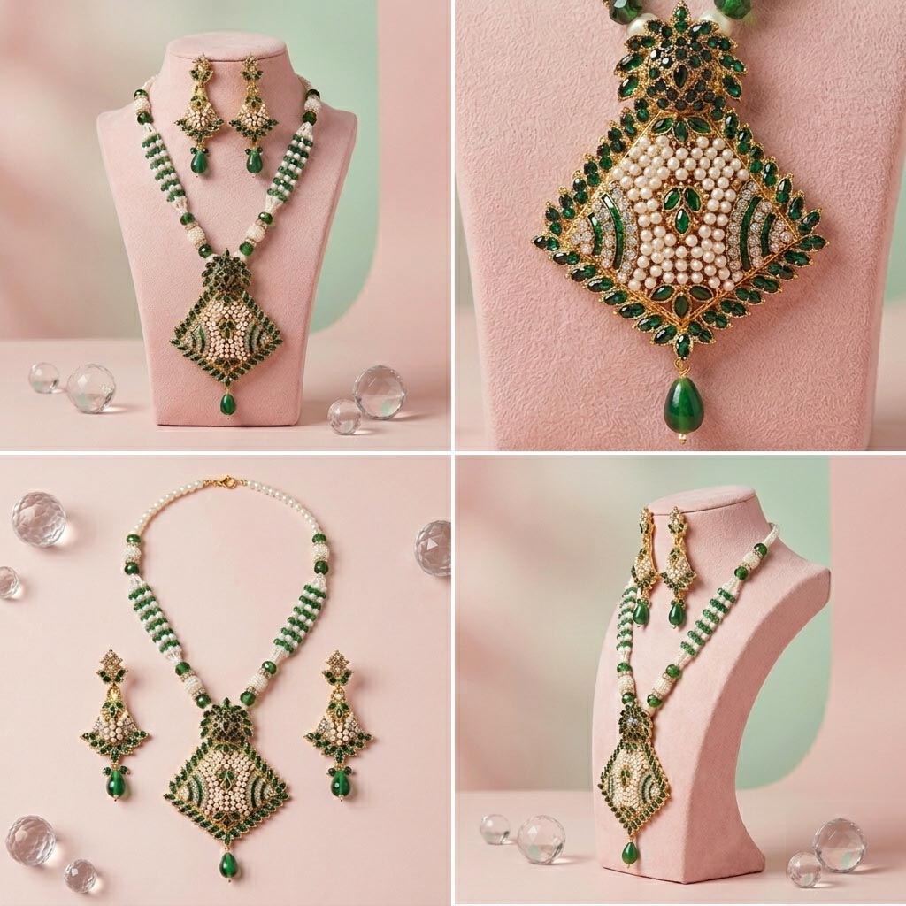 Exquisite Pearl and Emerald Tone Kundan-Style Necklace Set