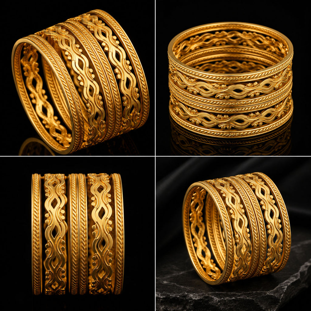 Four-panel product collage showing ornate gold-toned bangles/rings with intricate filigree and rope-like engraved patterns on a black reflective background.