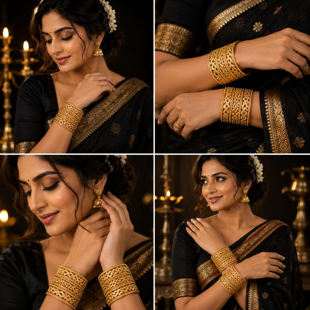 A four-panel collage showing a woman wearing ornate gold bangles and earrings with a black saree featuring gold border detailing, set against a warm, candle-lit background.