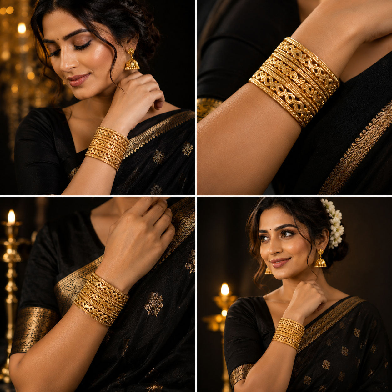 A four-panel collage showing a woman wearing ornate gold bangles and matching earrings against a dark background with warm candlelight. The close-up panels focus on the jewelry worn on the wrist and hand.