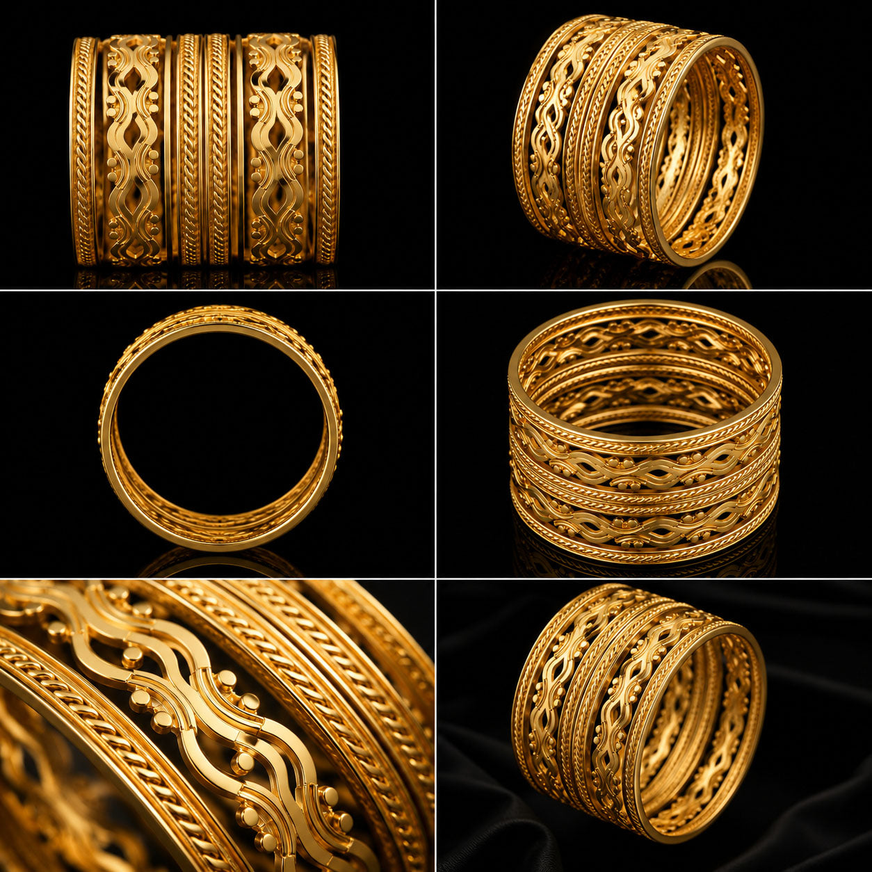 A six-panel collage showing a gold-toned ornate ring from multiple angles on a black background. The ring has wide bands with intricate filigree cutouts, engraved floral and scroll motifs, and braided detailing.
