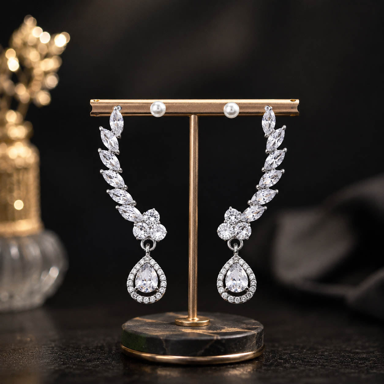 Luxury American Diamond Ear Cuff Earrings with Pear Drop & Pearl Stud