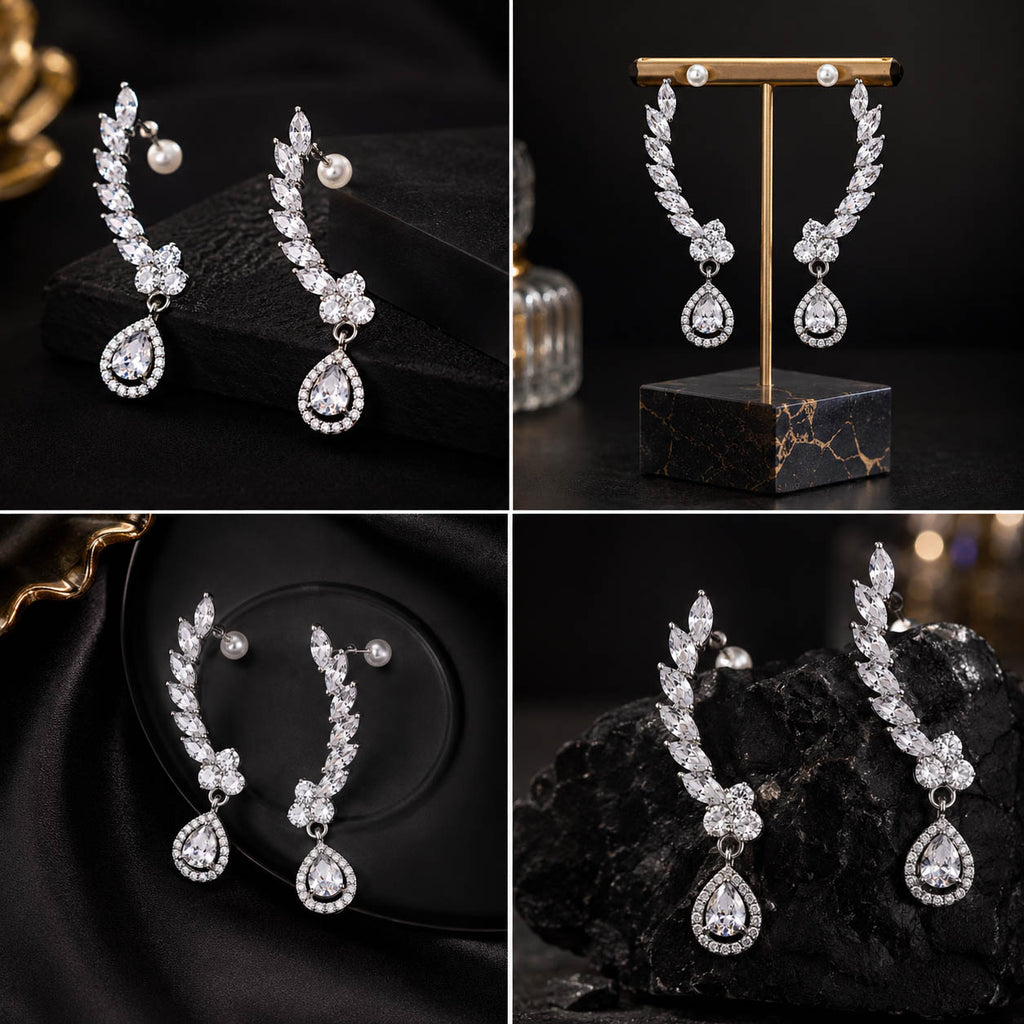 Luxury American Diamond Ear Cuff Earrings with Pear Drop & Pearl Stud