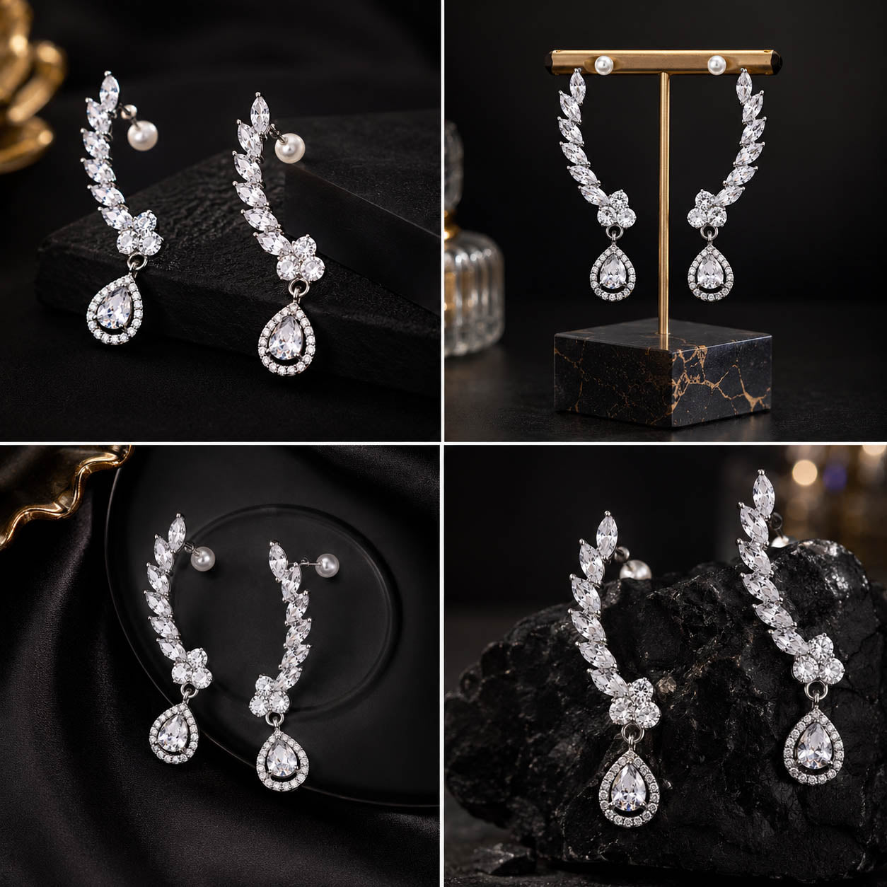 Luxury American Diamond Ear Cuff Earrings with Pear Drop & Pearl Stud