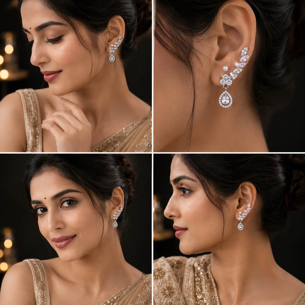 Luxury American Diamond Ear Cuff Earrings with Pear Drop & Pearl Stud