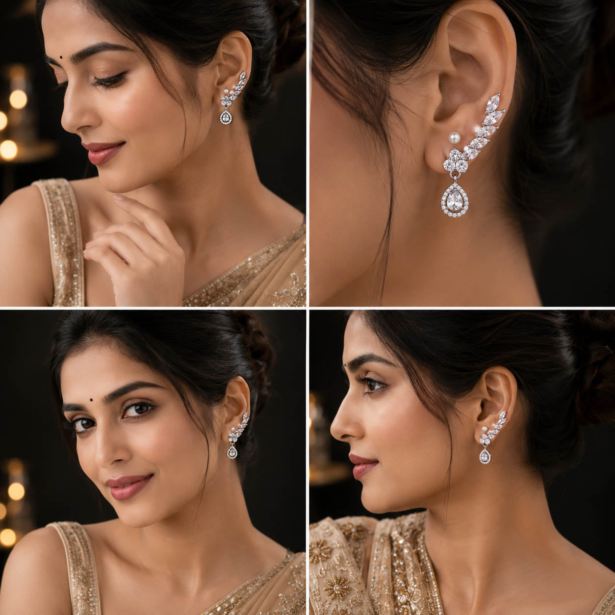 Luxury American Diamond Ear Cuff Earrings with Pear Drop & Pearl Stud