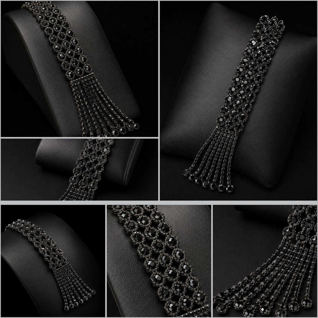 A black beaded multi-strand choker necklace with cascading fringe, displayed on black jewelry busts in a five-panel collage.