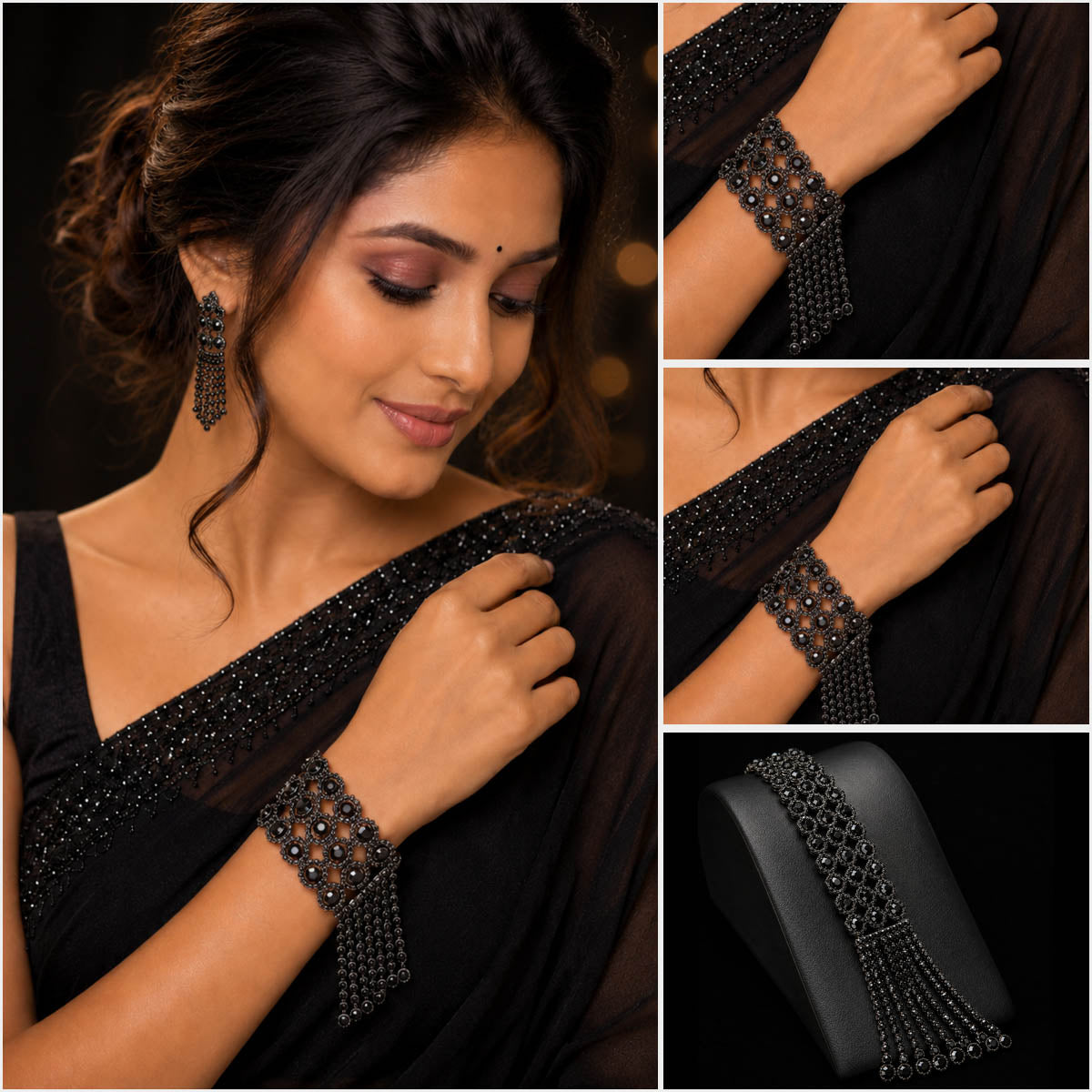 A black beaded bracelet with matching dangling earrings, shown worn on a model in a black saree, with close-up detail panels on the right.