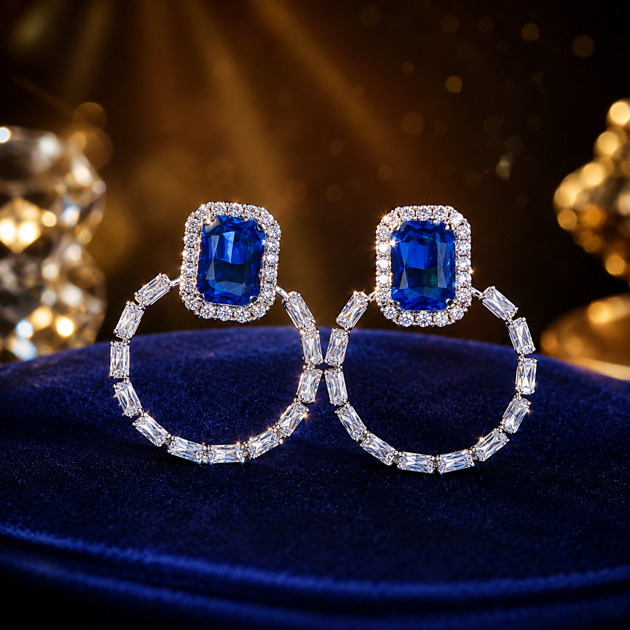 Luxury Blue Crystal Halo Hoop Earrings