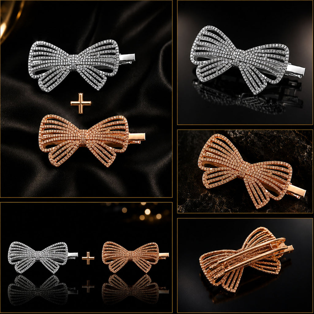 Six views of decorative bow-shaped hair clips in silver and rose gold, embellished with small rhinestones, shown on a black background collage.
