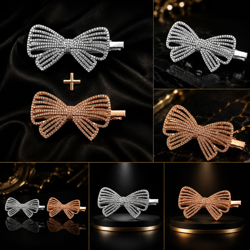 Six views of a decorative hair claw clip shaped like a bow, shown in silver and rose gold rhinestone finishes on a dark black and gold background collage.