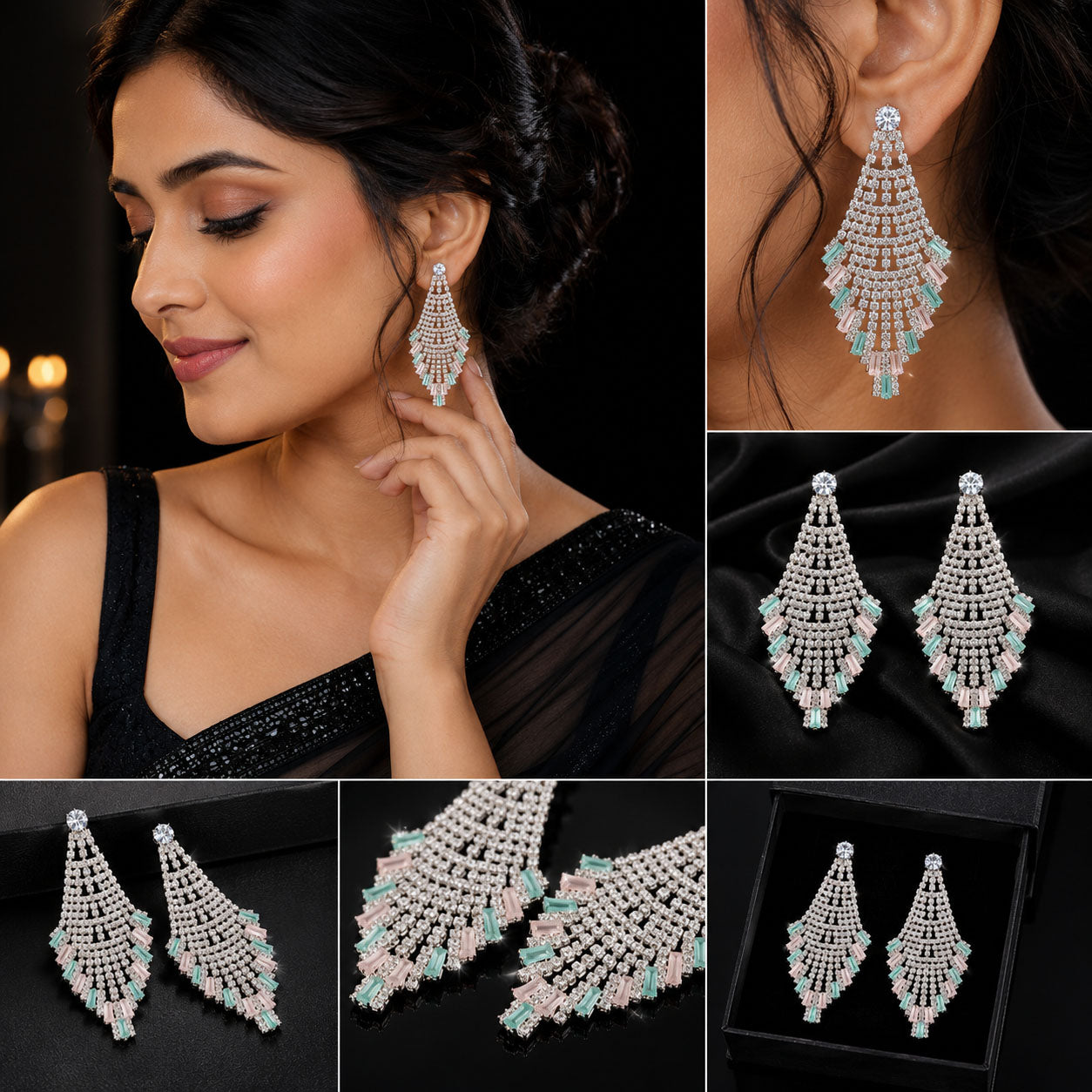 A collage showing a woman wearing a pair of dangling chandelier earrings, close-up views of the earrings on skin, the earrings laid flat on a black surface, and the earrings displayed inside a black jewelry box. The earrings are silver-toned with rows of clear stones and mint green and pale pink stone accents.