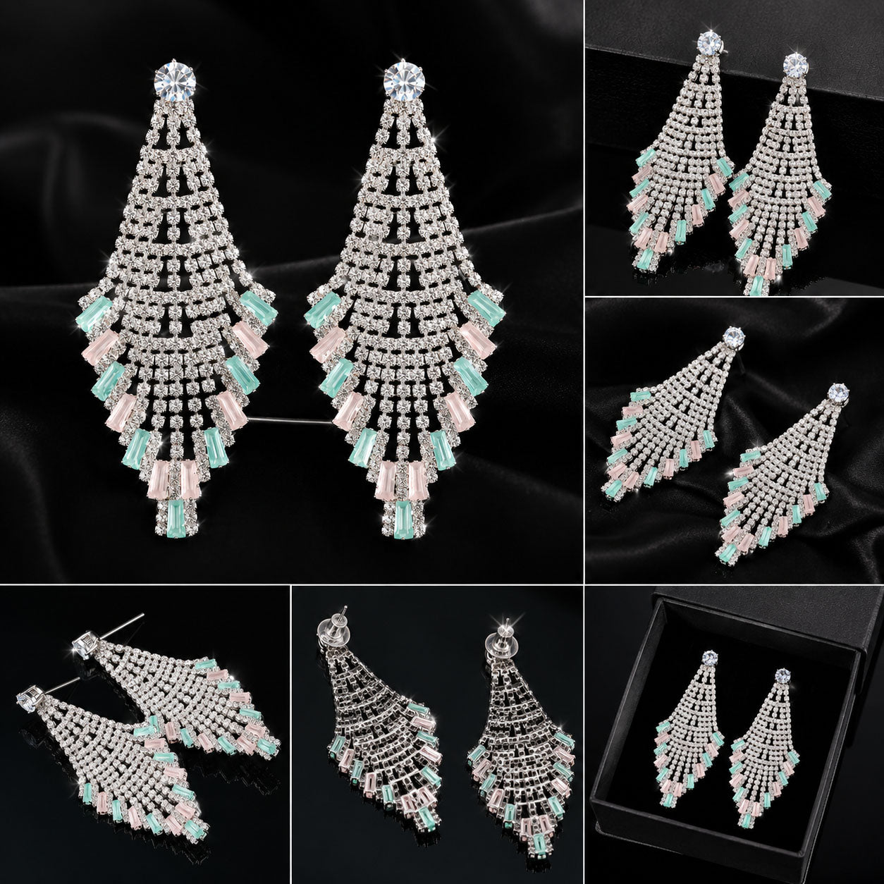 A collage showing multiple views of a pair of dangling chandelier earrings on a black satin background, including front, side, and inset detail shots. The earrings have silver-tone metal with clear rhinestones and rows of mint green and pale pink crystal drops.