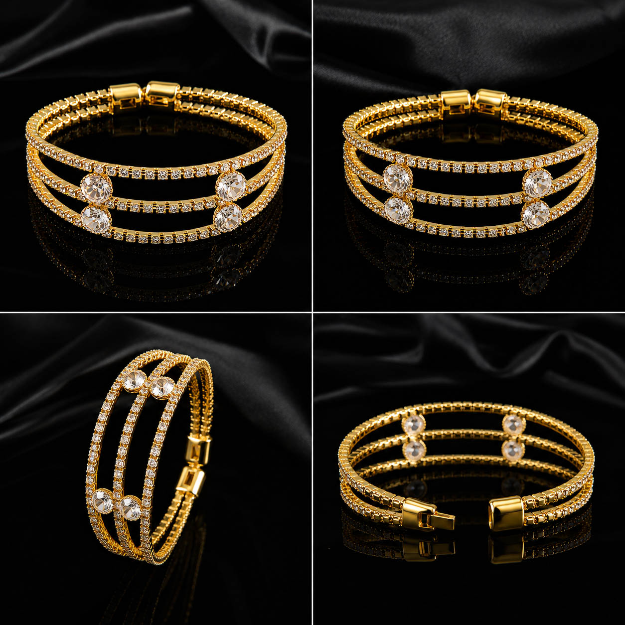 Luxury Gold-Plated Triple Layer Crystal Bracelet