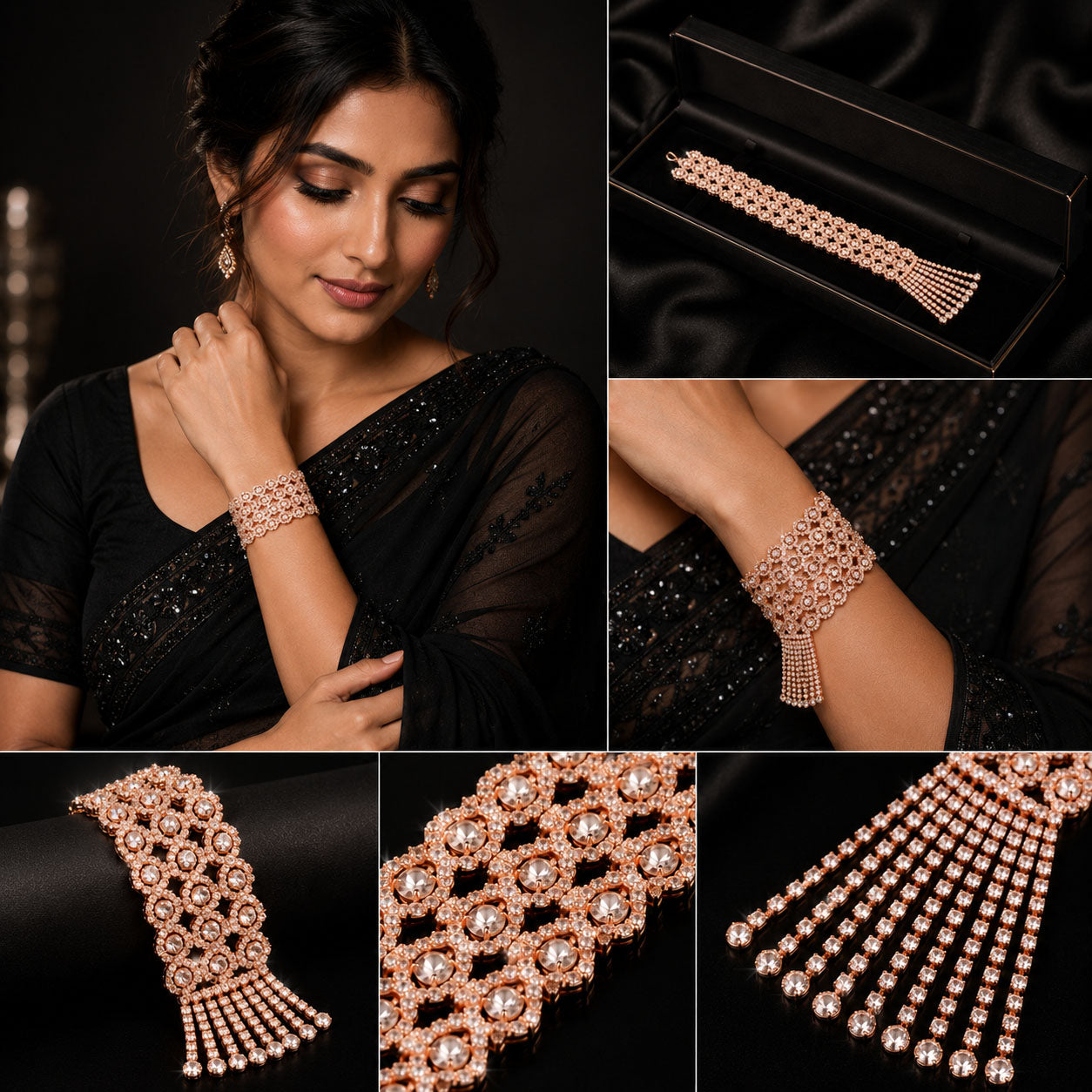 A collage showing a rose gold statement bracelet worn on a model's wrist, alongside close-up views of the bracelet laid flat in a black box and on a black background. The bracelet features intricate floral patterns and tassel fringe.
