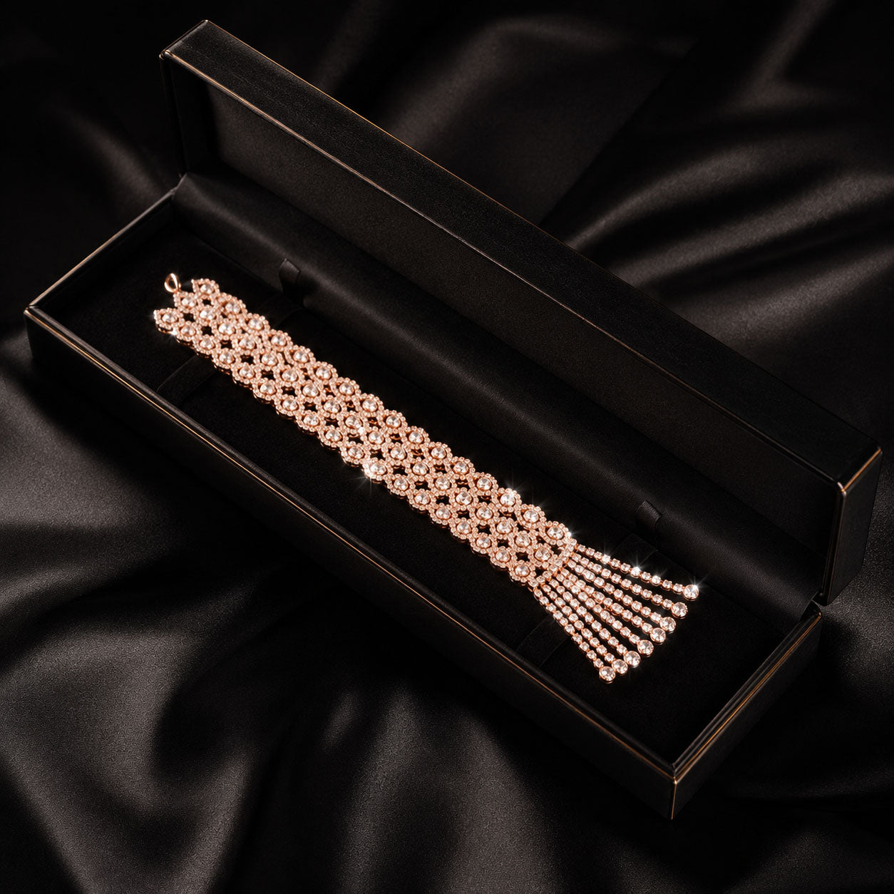 A rose gold multi-strand beaded bracelet with a tassel, presented inside an open black jewelry box on a black satin fabric background.