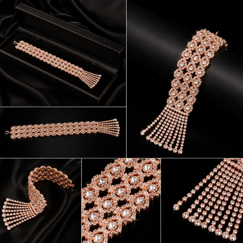 A rose gold statement choker necklace with intricate floral patterns and dangling rhinestone tassels, shown in multiple views including on a model's wrist, in its black presentation box, and in close-up detail shots against a black satin background.