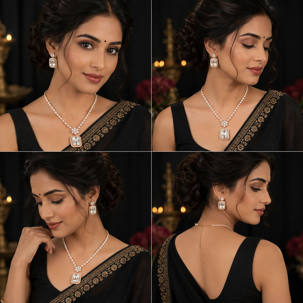 A four-panel collage showing a woman modeling a pearl necklace with a square clear stone pendant and matching pearl earrings. She wears a black sari with gold embroidery in a dark indoor setting with warm blurred lights in the background.