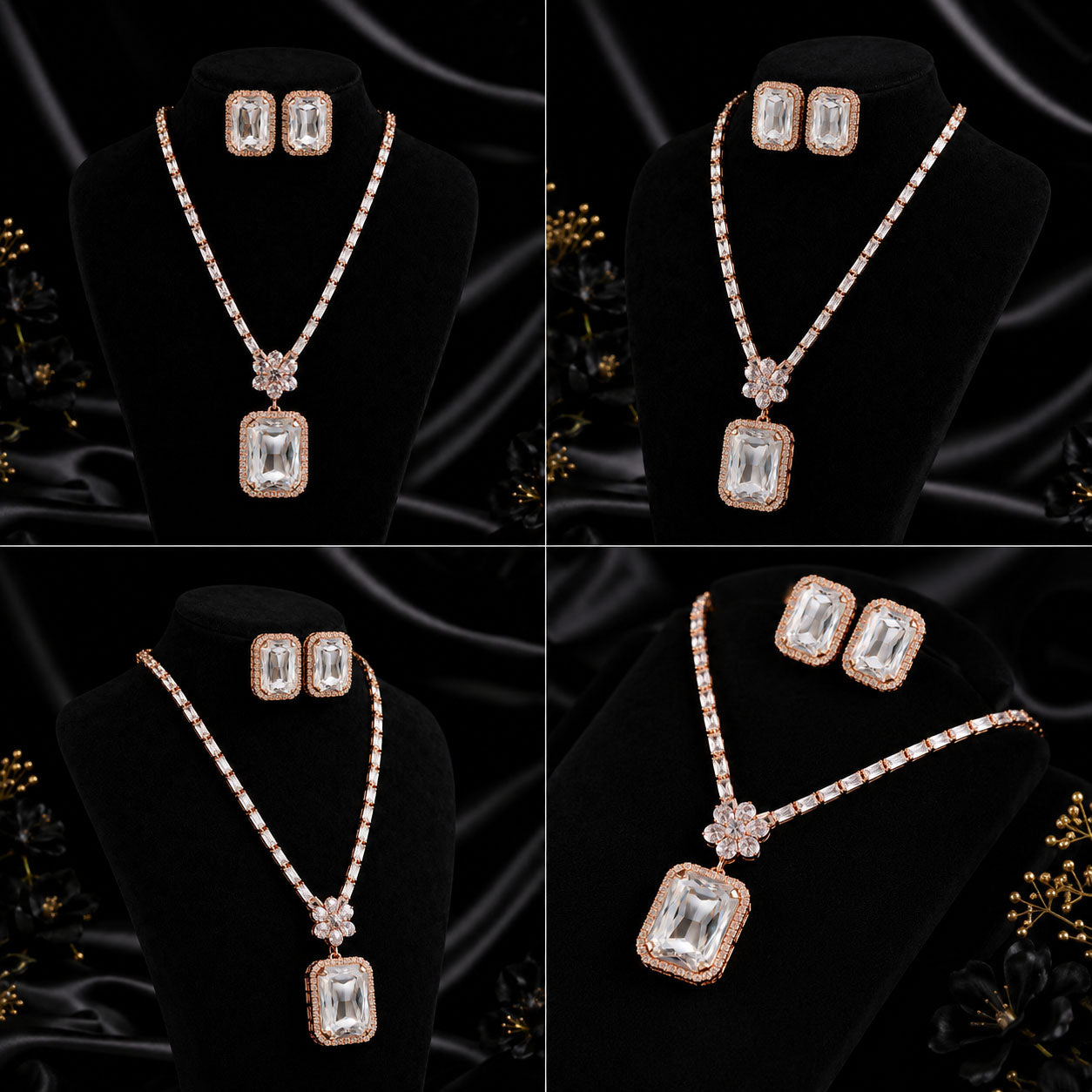 A four-panel collage showing a rose gold jewelry set with a rectangular clear gemstone pendant necklace and matching rectangular stud earrings, displayed on black velvet busts against a black satin background.