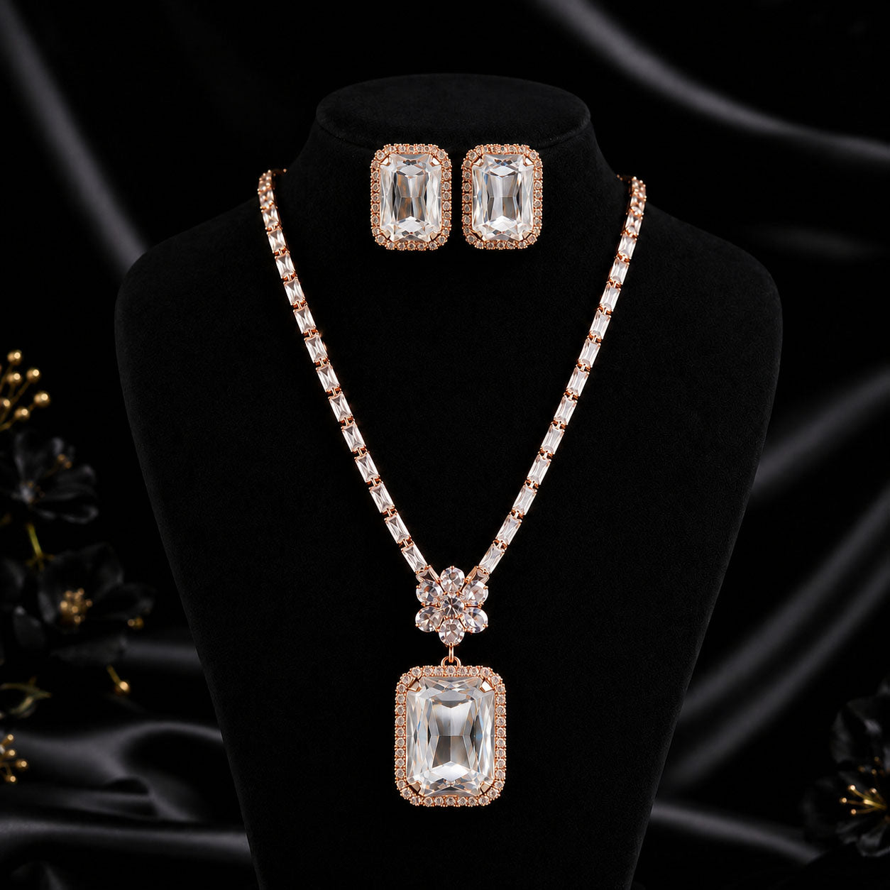 Rose gold jewelry set featuring a rectangular pendant necklace and matching stud earrings, displayed on a black velvet mannequin bust against a black satin background.