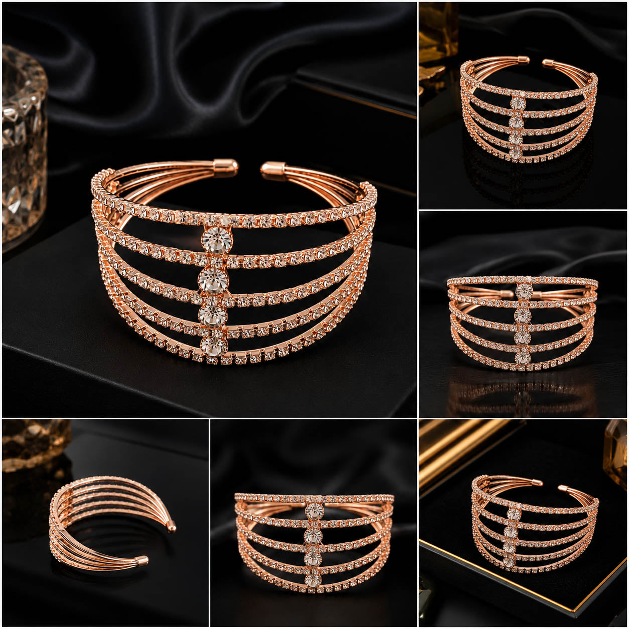 Luxury Rose Gold Plated Multi-Layer Crystal Cuff Bracelet