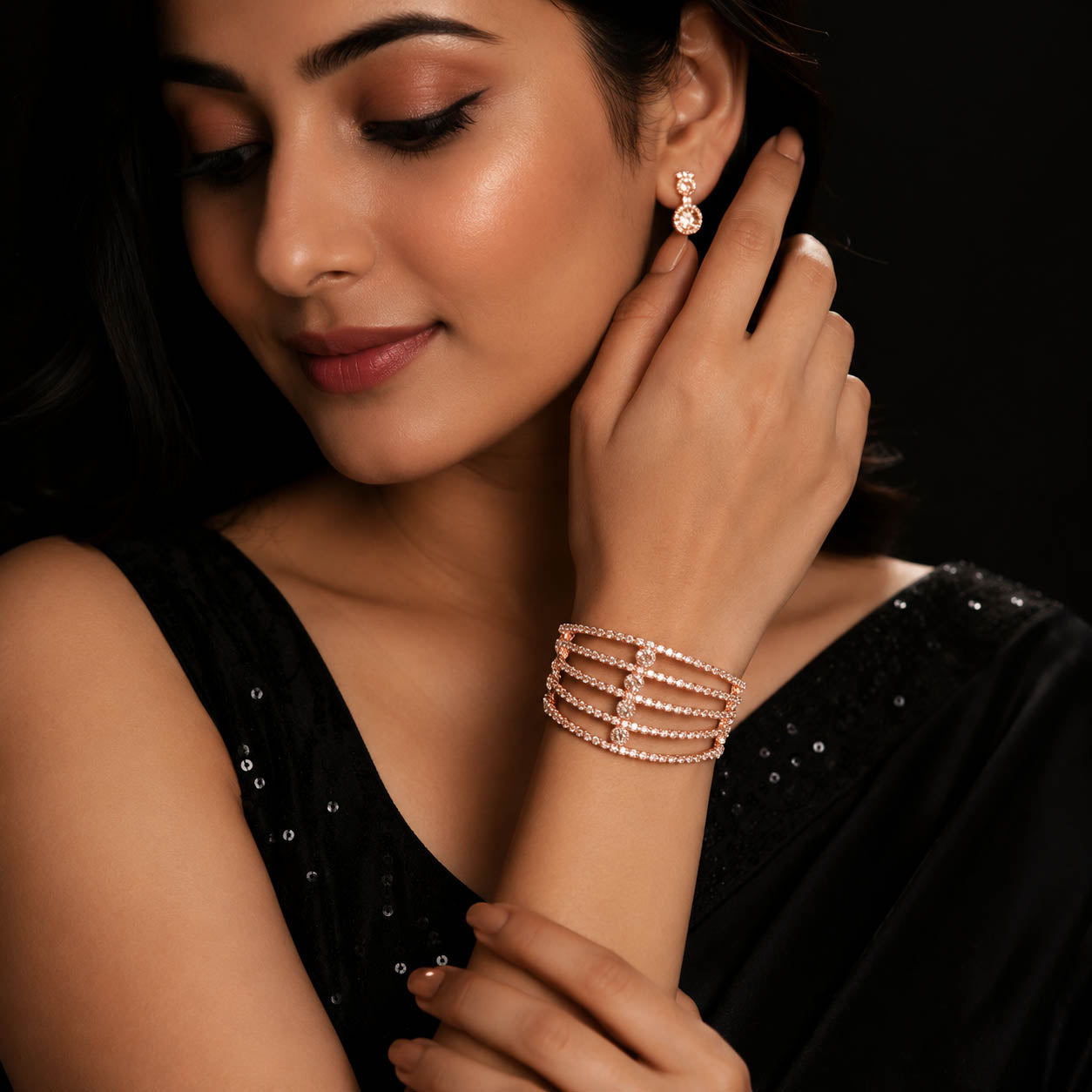 Luxury Rose Gold Plated Multi-Layer Crystal Cuff Bracelet