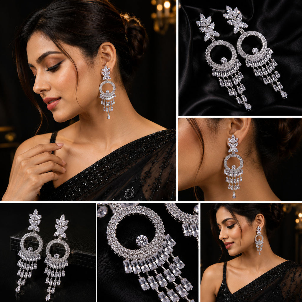 A collage showing a woman wearing and close-up views of silver-toned, crystal-embellished dangle earrings against a dark background. The collage includes a full-body model shot, close-ups of the earrings, and detail views of the crystal work.