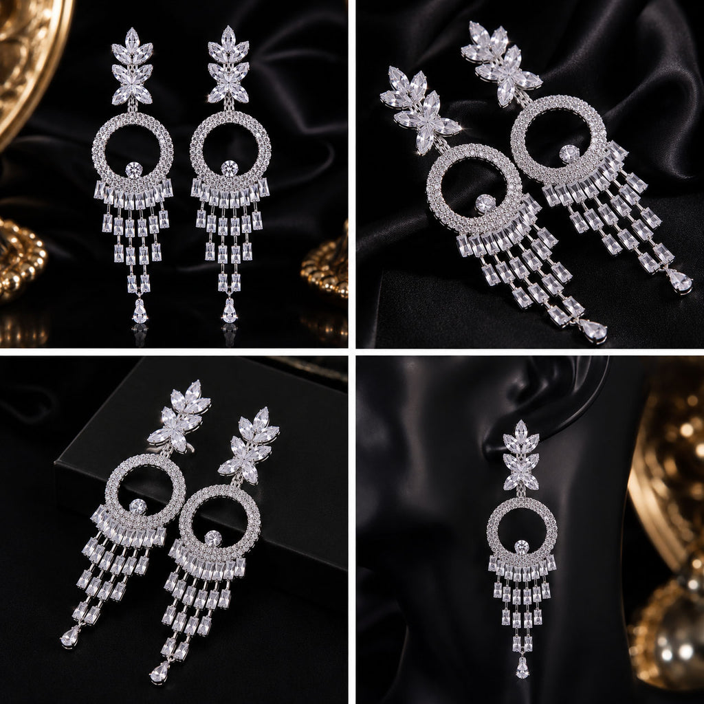 Four-panel collage showing silver-toned statement earrings with floral motifs, circular hoops, and dangling fringe, displayed on black fabric and a black mannequin against a dark background with gold decorative accents.