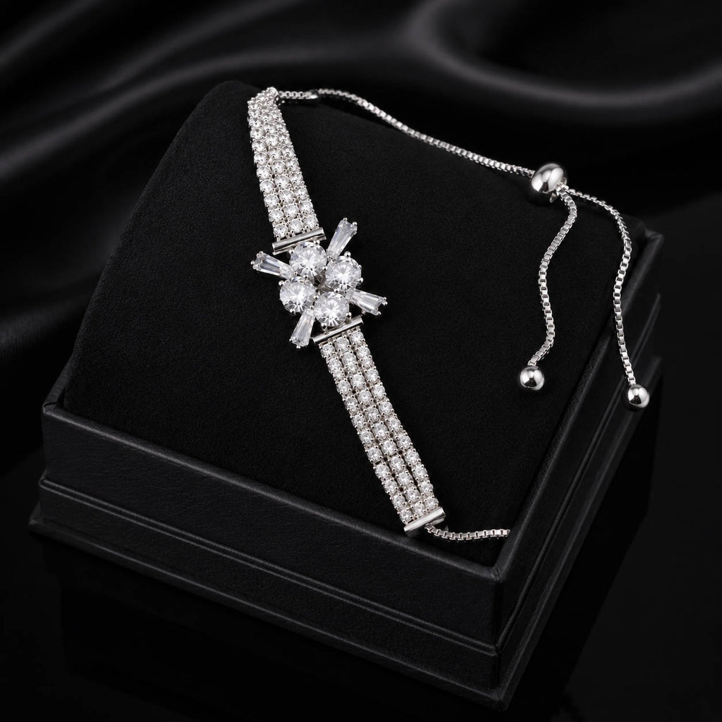 Luxury Silver-Plated American Diamond Floral Adjustable Bracelet