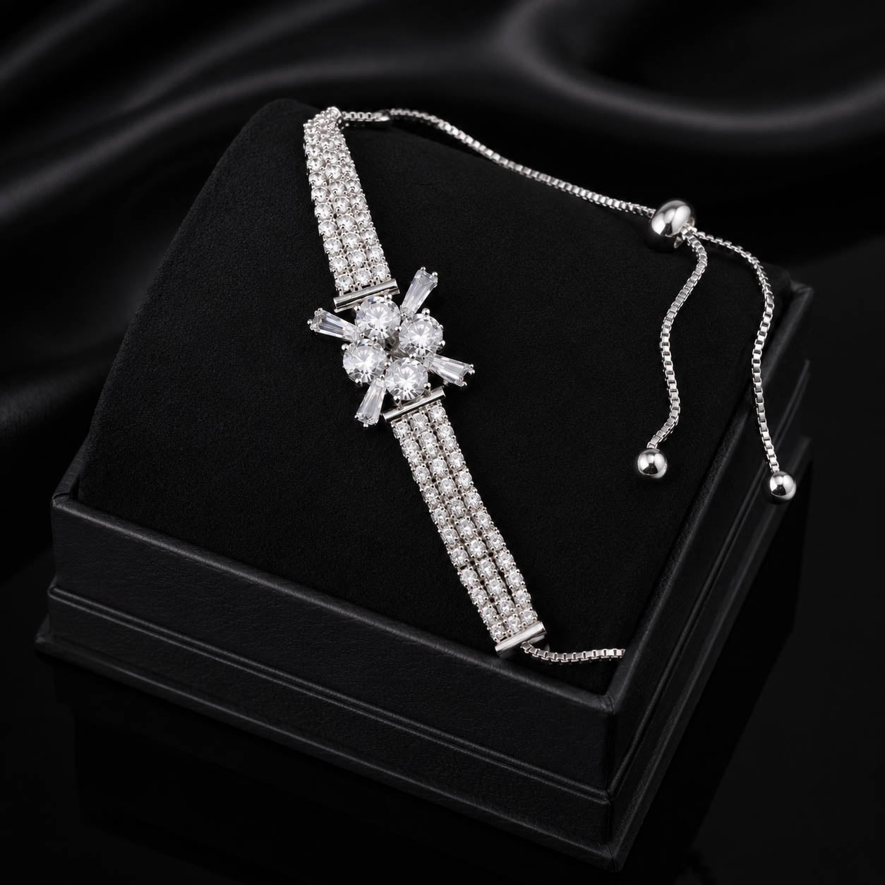 Luxury Silver-Plated American Diamond Floral Adjustable Bracelet