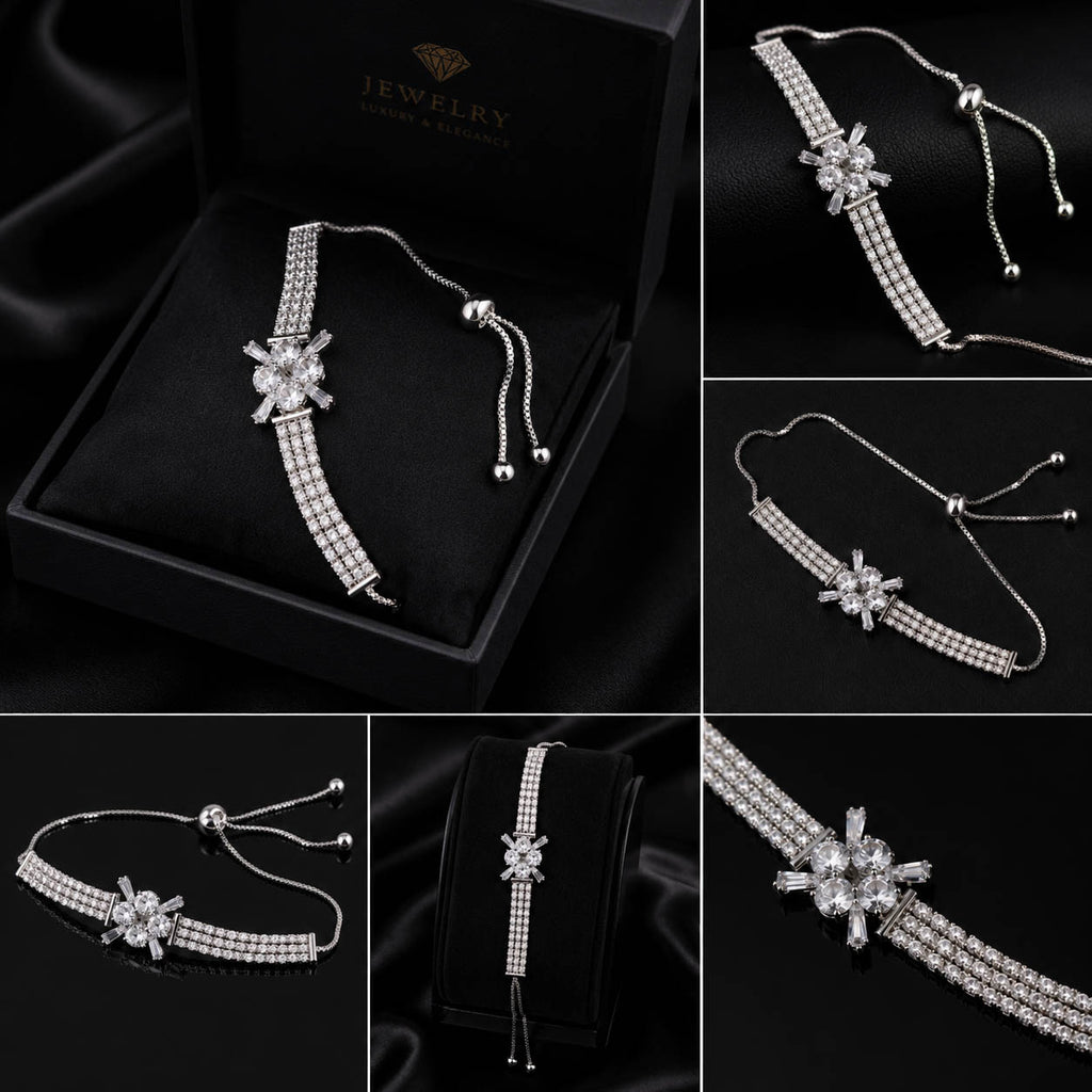 Luxury Silver-Plated American Diamond Floral Adjustable Bracelet