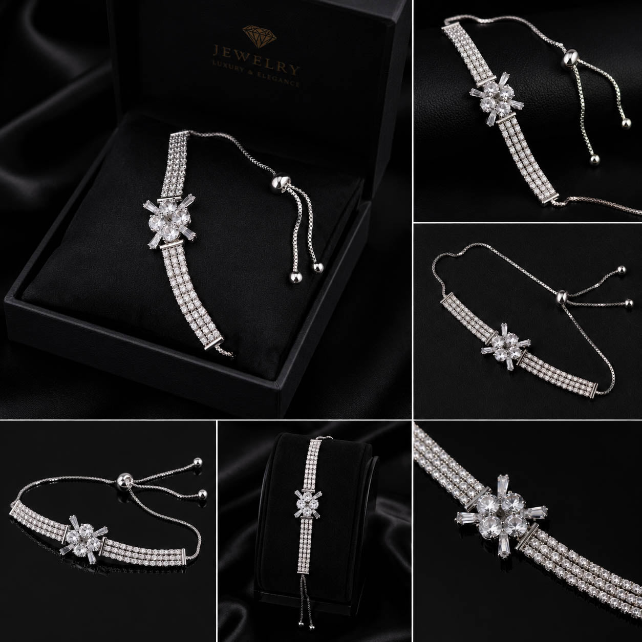 Luxury Silver-Plated American Diamond Floral Adjustable Bracelet