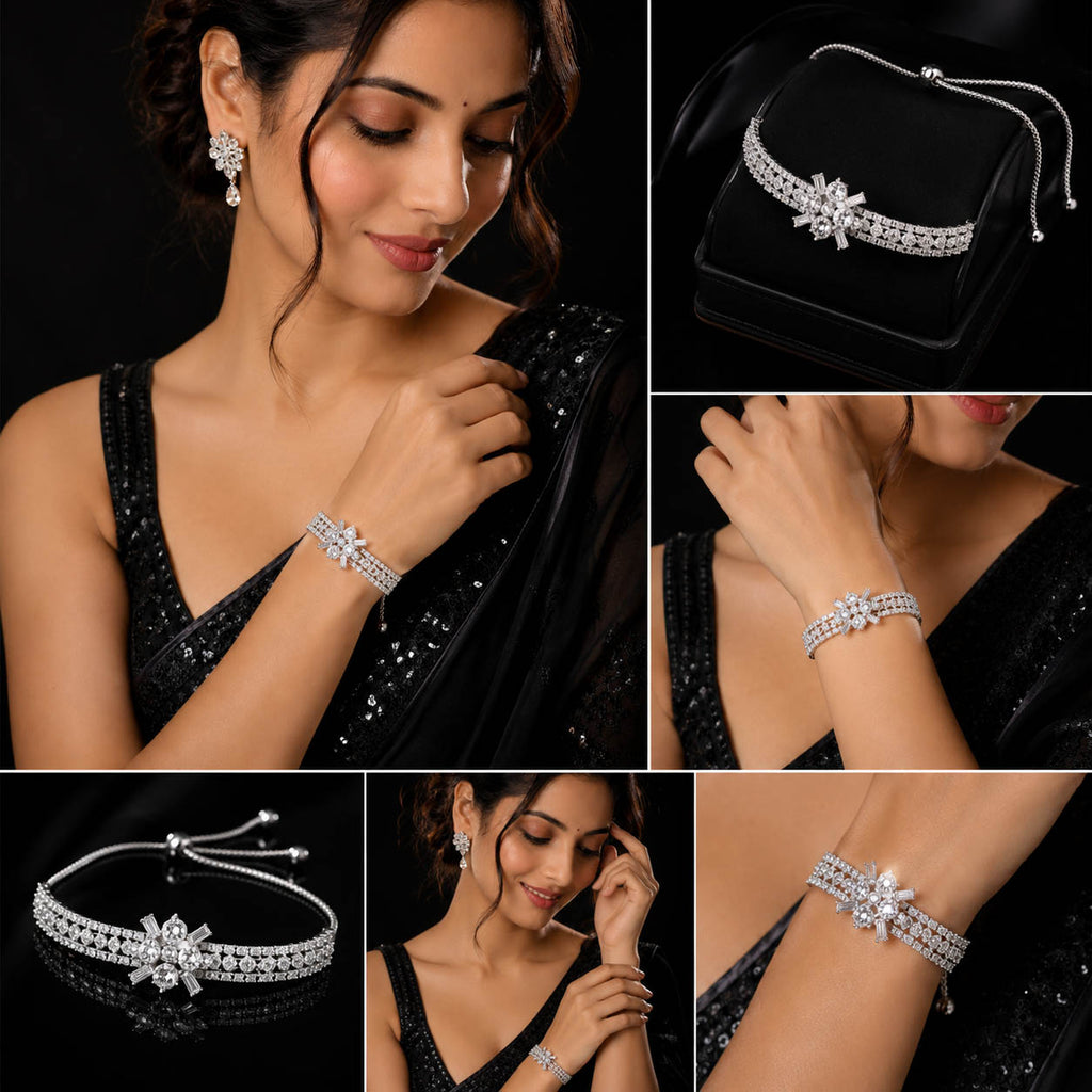 Luxury Silver-Plated American Diamond Floral Adjustable Bracelet